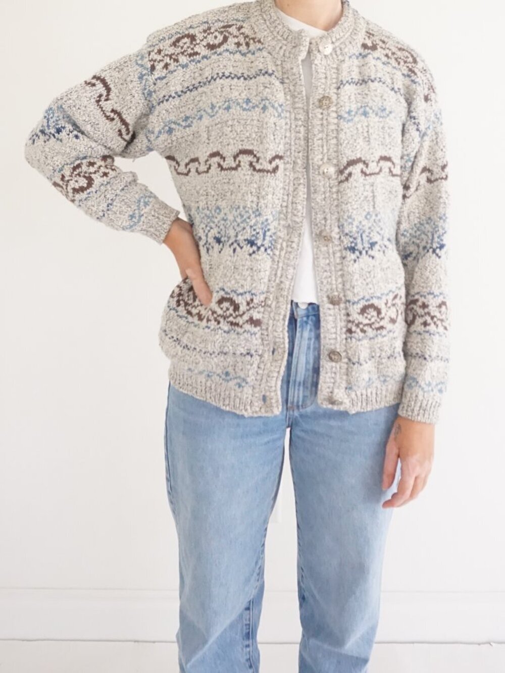 Vintage Alps Cream Blue Fair Isle Nordic Button Front Grandpa Cardigan M